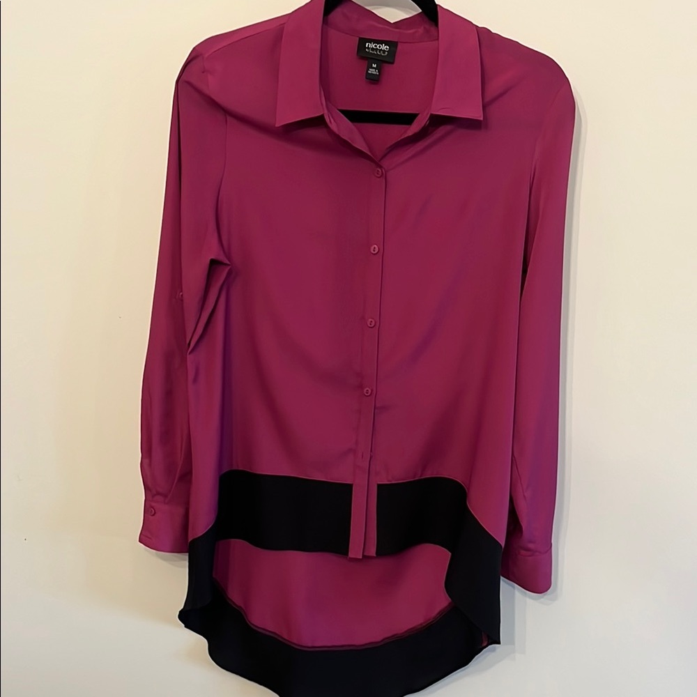 Nicole by Nicole Miller Pink and Black Asymmetrical Button Down Shirt